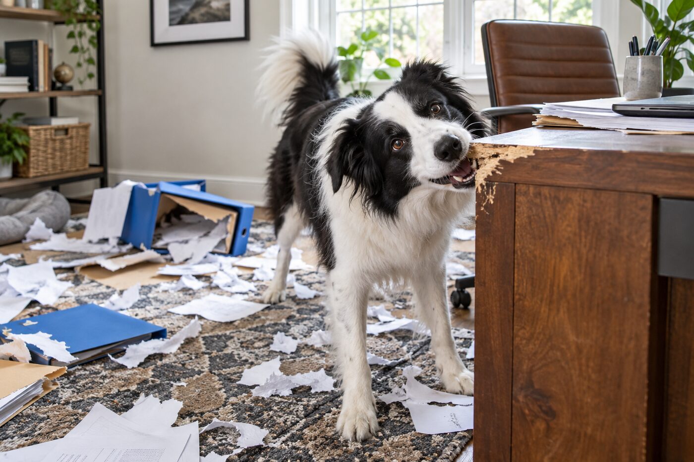 Border Collie amid a messy home office