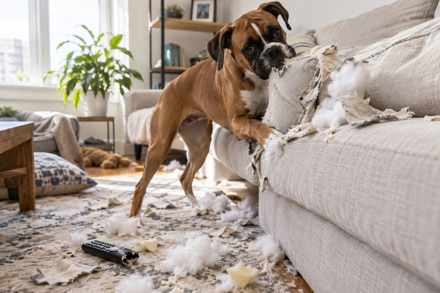 Boxer shredding a couch cushion