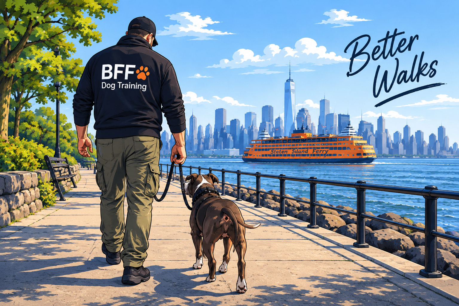 A relaxed dog walk overlooking the Staten Island Ferry