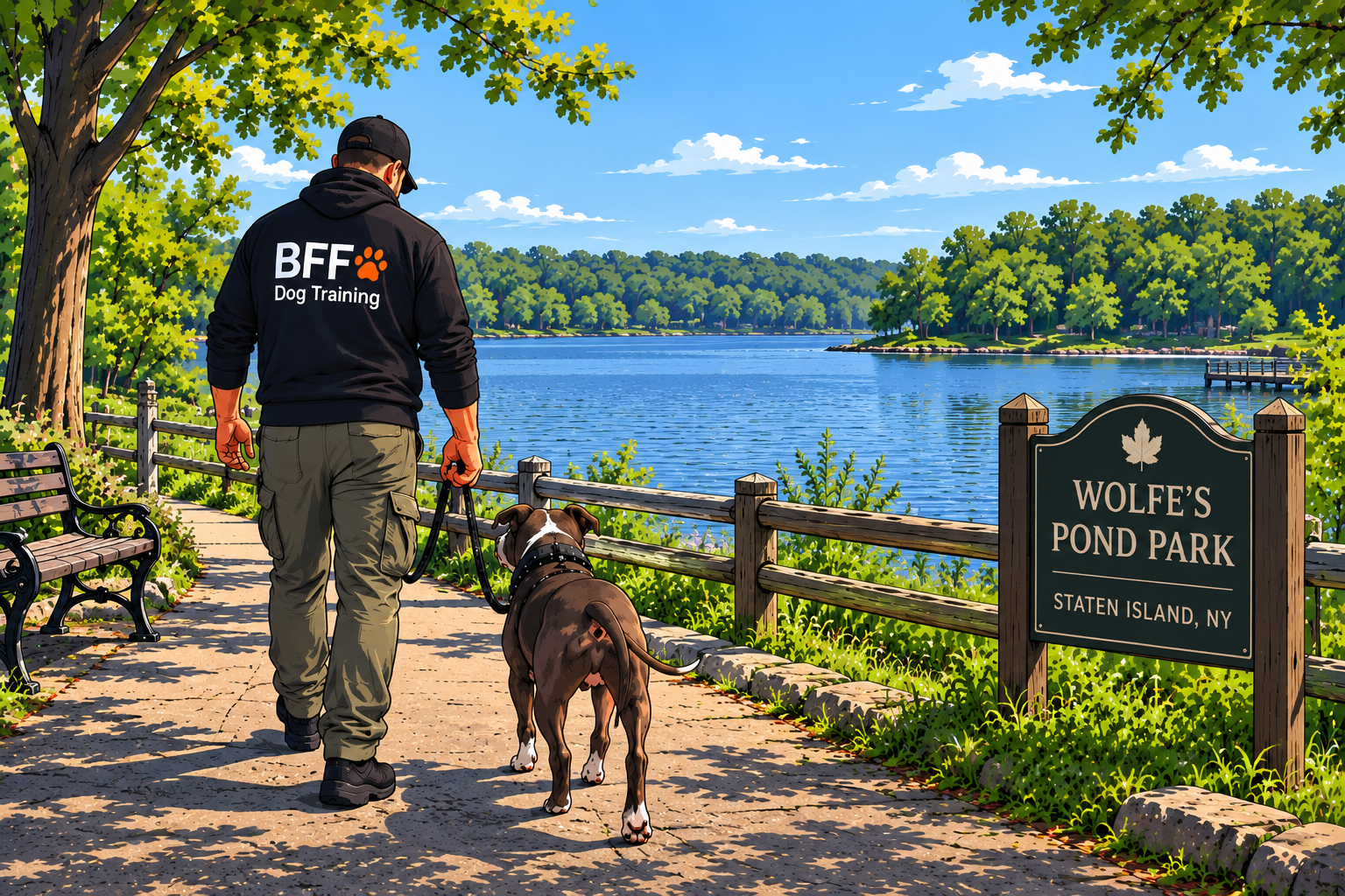 Calm loose-leash walking at Wolfe’s Pond Park