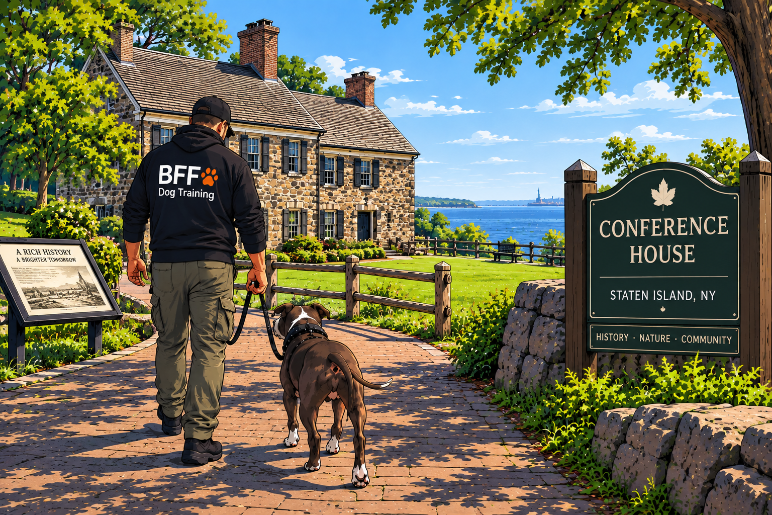 Dog and trainer walking together at Conference House Park