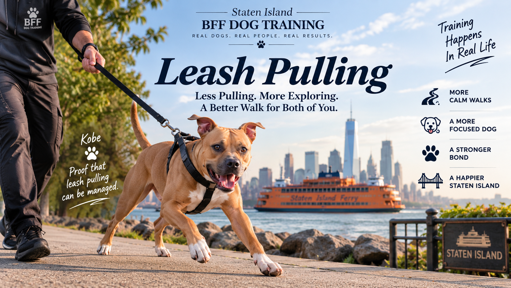 Kobe walking on leash beside the Staten Island Ferry with Leash Pulling training message