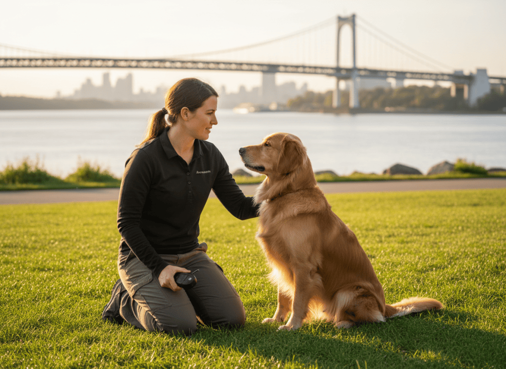 Female trainer calmly communicating with an attentive dog while holding an e-collar remote.