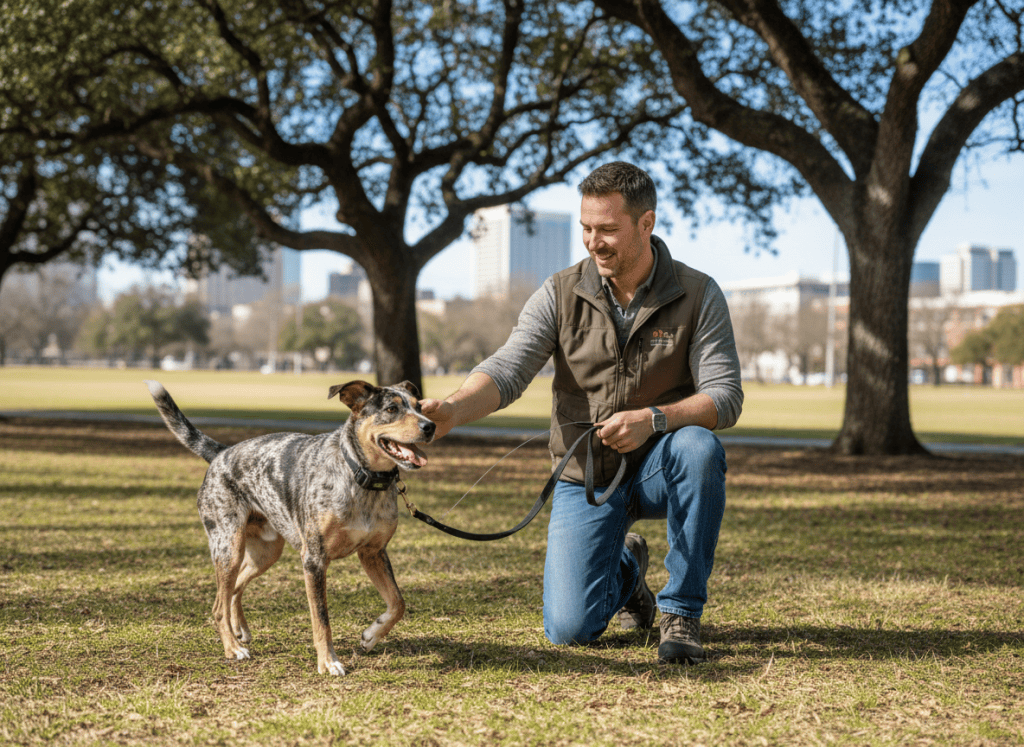 Male trainer conditioning recall with a dog using a leash and e-collar together.