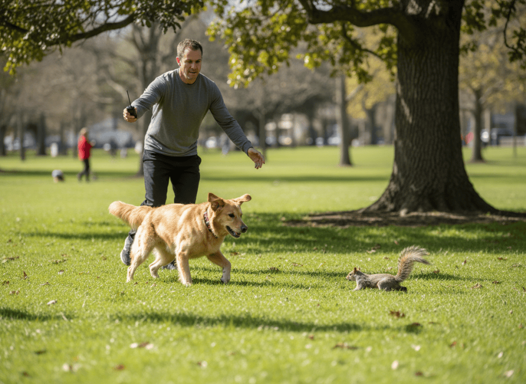 Handler using a remote training collar to interrupt a dog beginning to chase a squirrel.