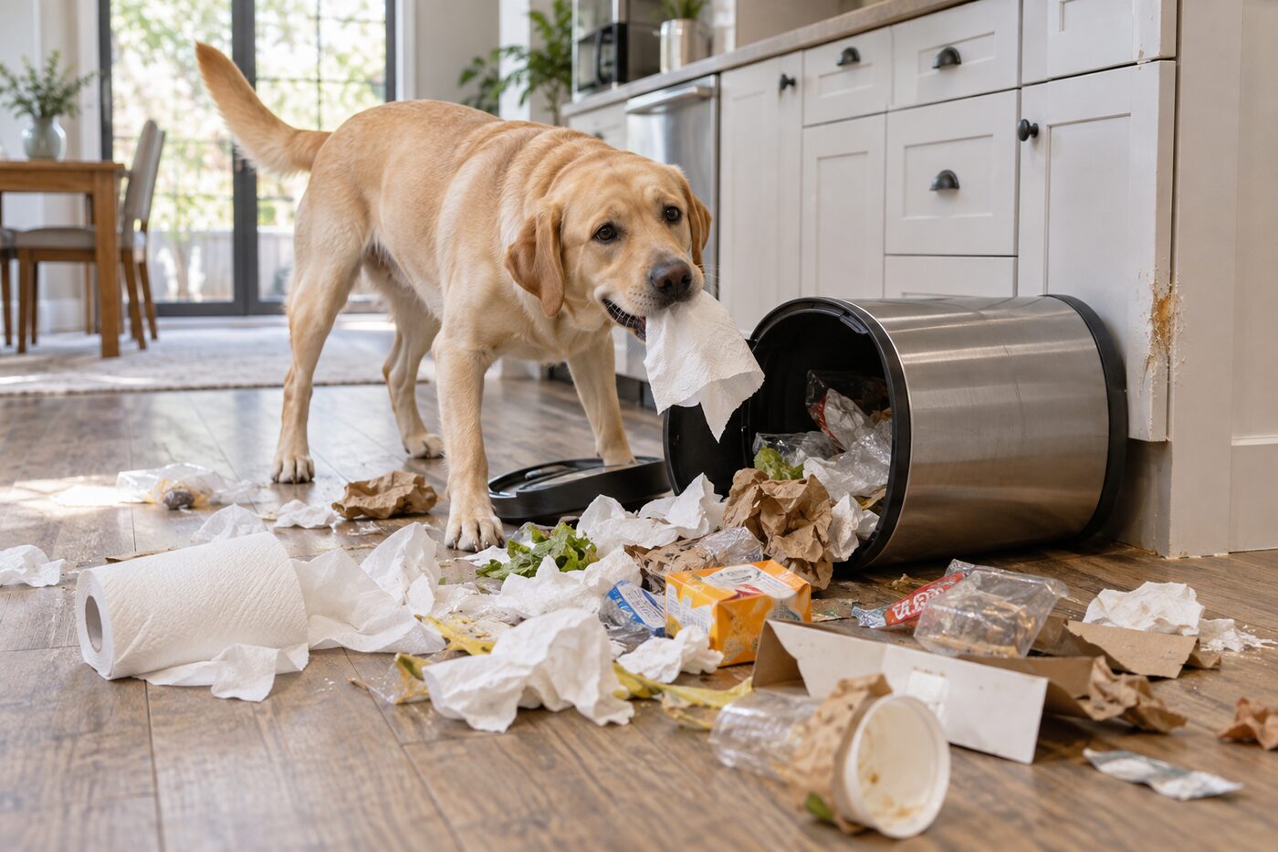Labrador beside a kitchen mess