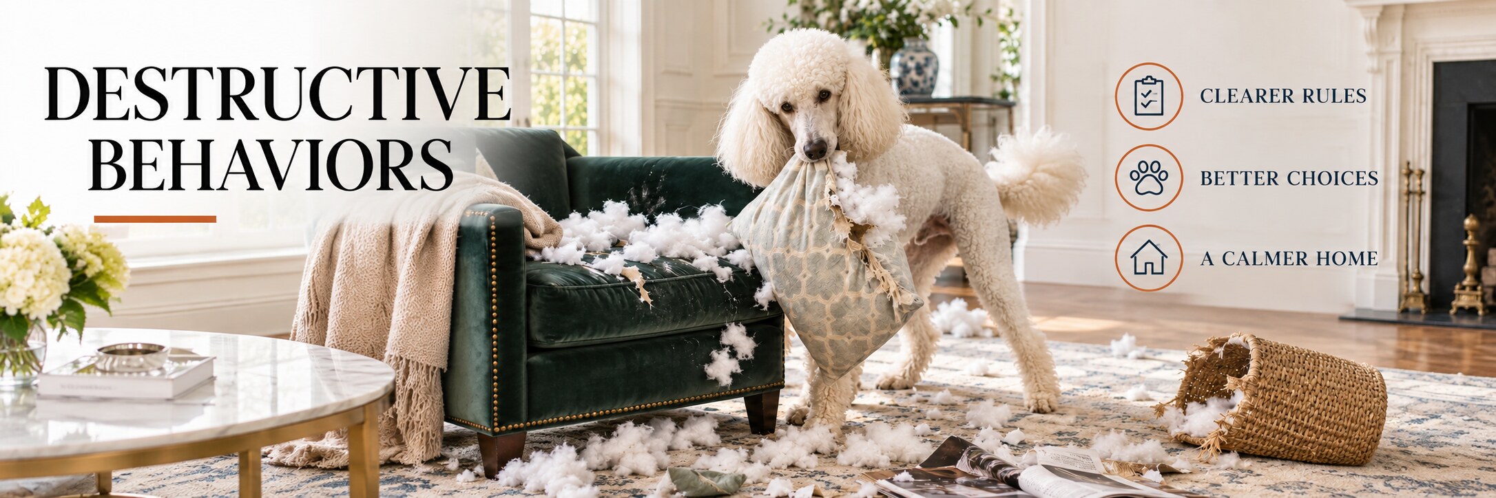 Poodle with torn pillow in a branded Destructive Behaviors dog training hero