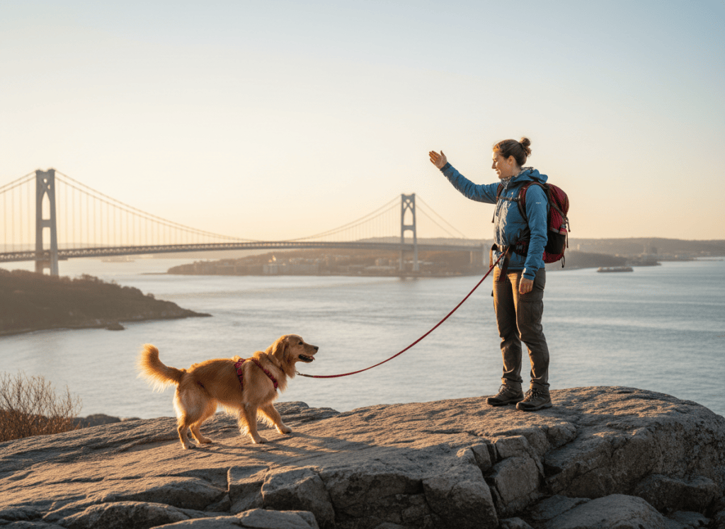 Woman and dog exploring at a distance near New York Harbor and a suspension bridge.