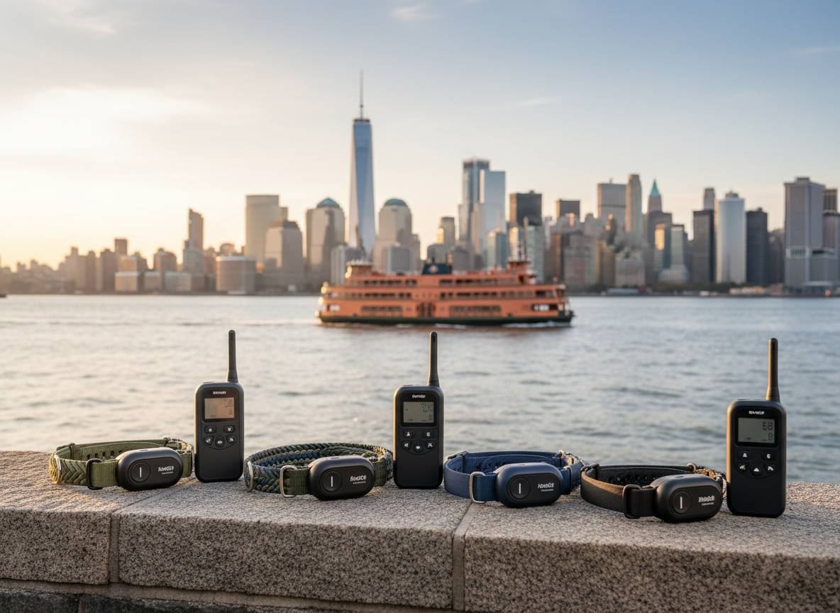 Electronic dog training collars and remotes overlooking New York Harbor with the Staten Island Ferry.