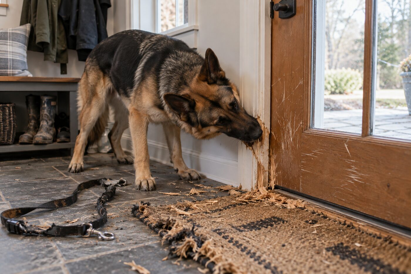 German Shepherd chewing near a door frame