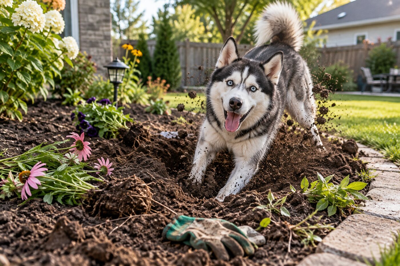 Husky digging in a flower bed