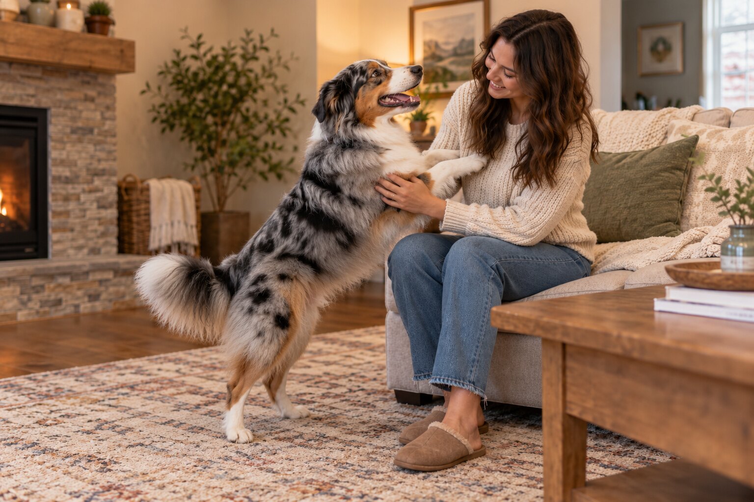 Australian Shepherd jumping to greet a guest on a couch