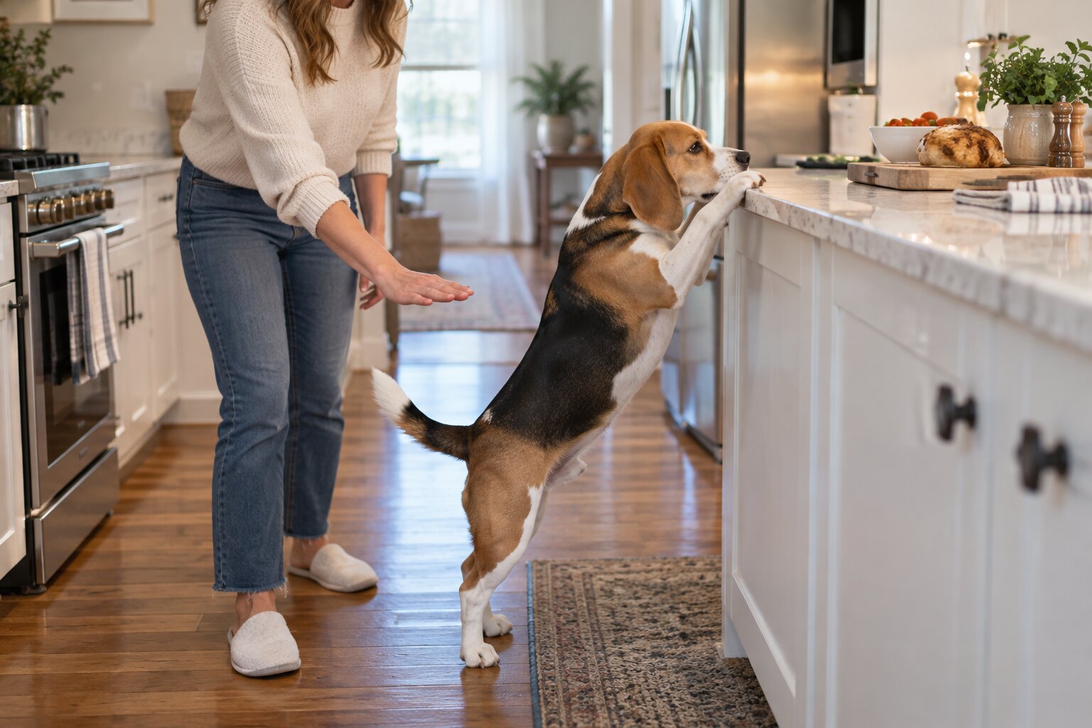 Beagle jumping at a kitchen counter