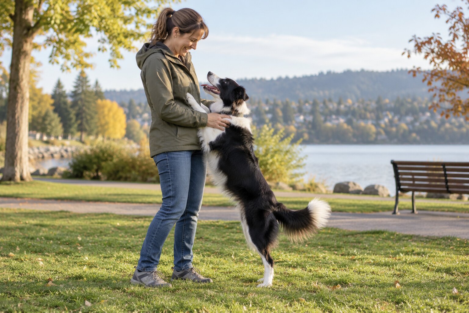 Border Collie jumping to greet a person outdoors