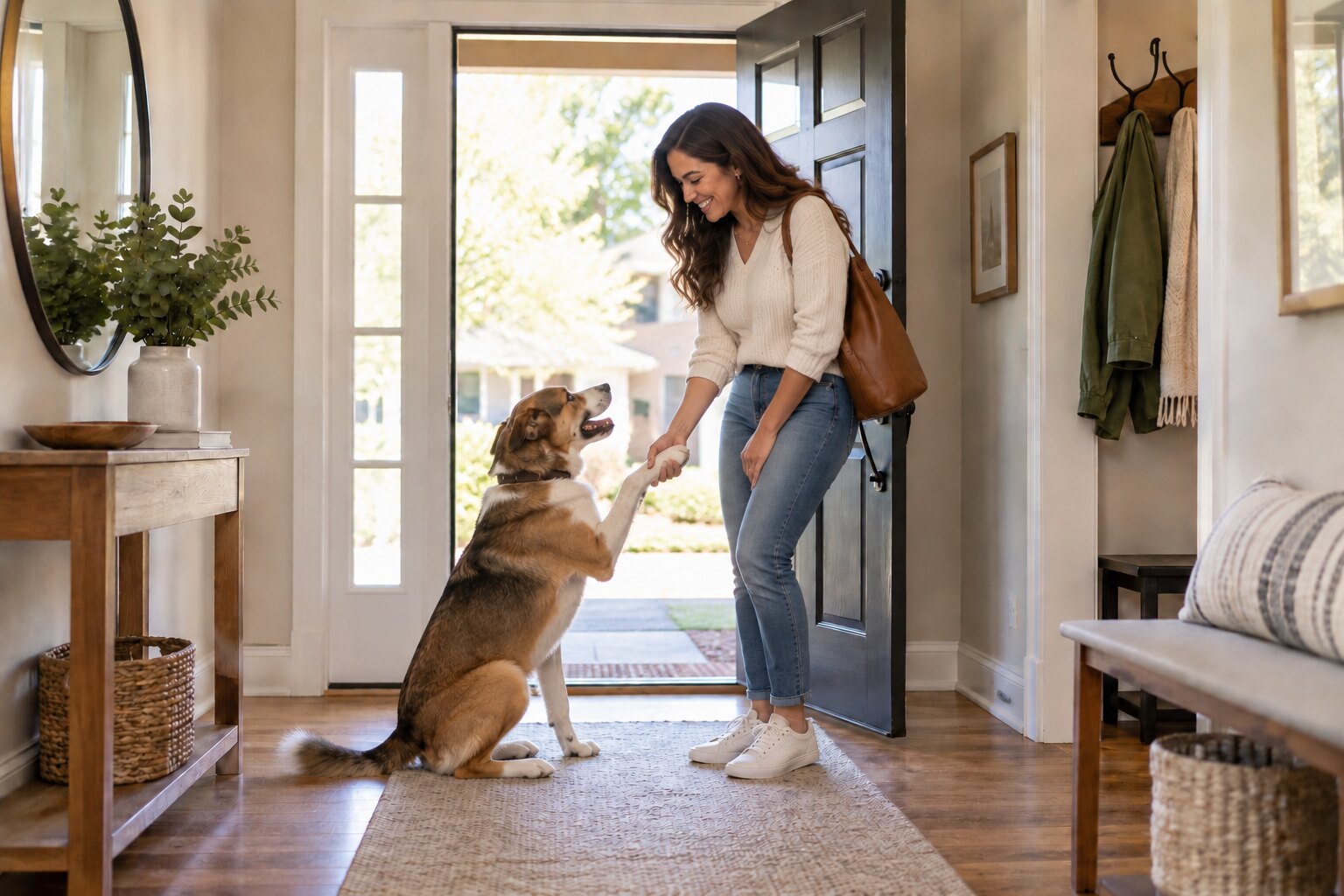 Dog practicing a calm greeting before guests arrive