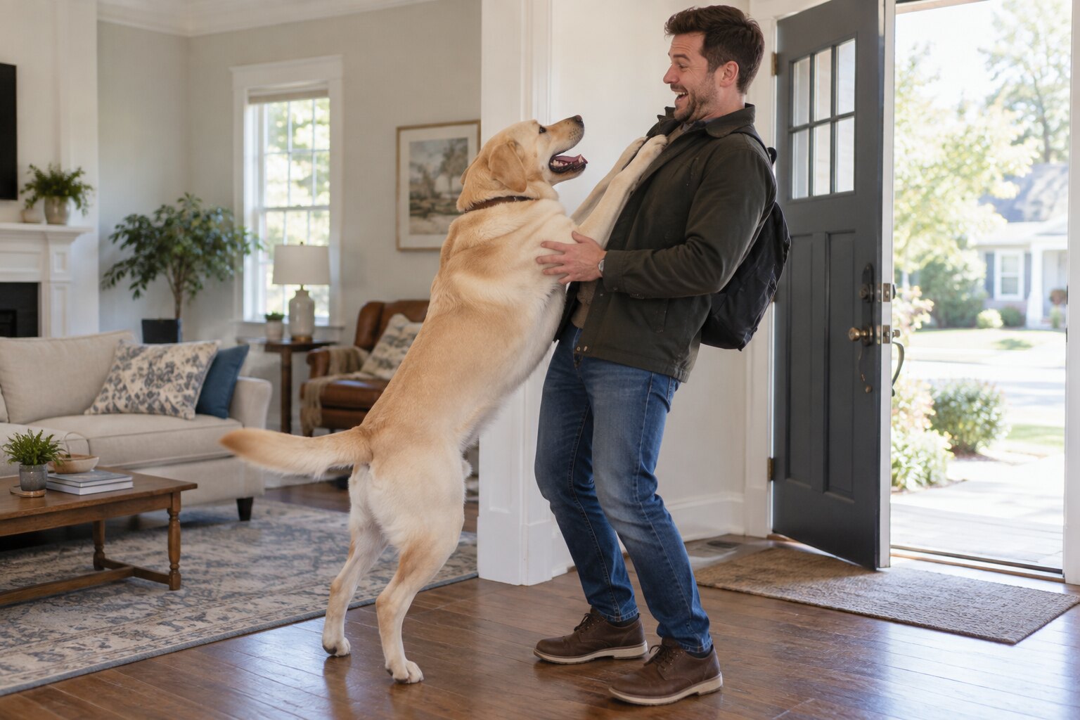 Labrador jumping to greet a guest indoors