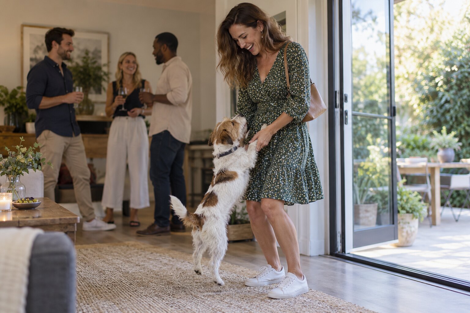 Small terrier jumping to greet a guest