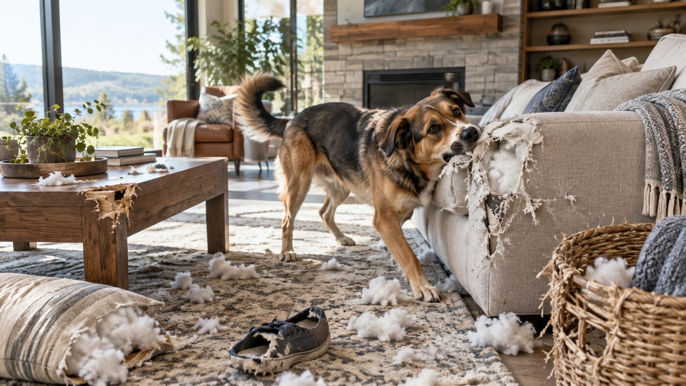 Dog amid a messy living room after destructive behavior