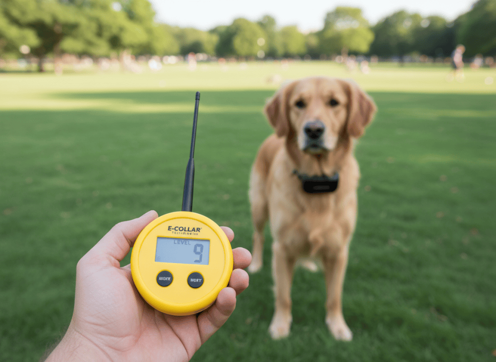 One hand holding a compact yellow Mini Educator-style remote while a dog wears the matching e-collar receiver.