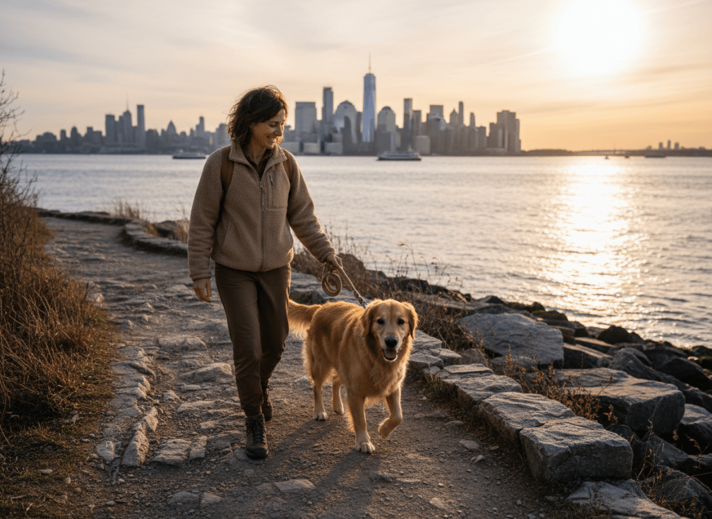 Woman and dog enjoying a relaxed waterfront hike together.