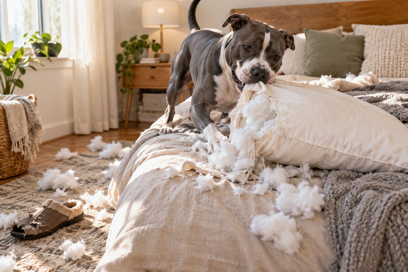 Pit Bull playing among torn pillow stuffing
