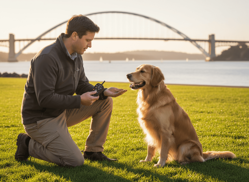 Male trainer rewarding an attentive dog while an e-collar remote remains visible.
