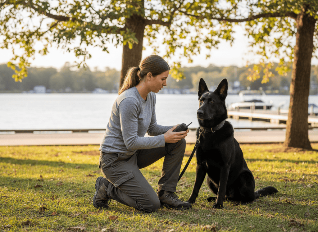 Female trainer reading a calm dog's body language while adjusting an e-collar remote.