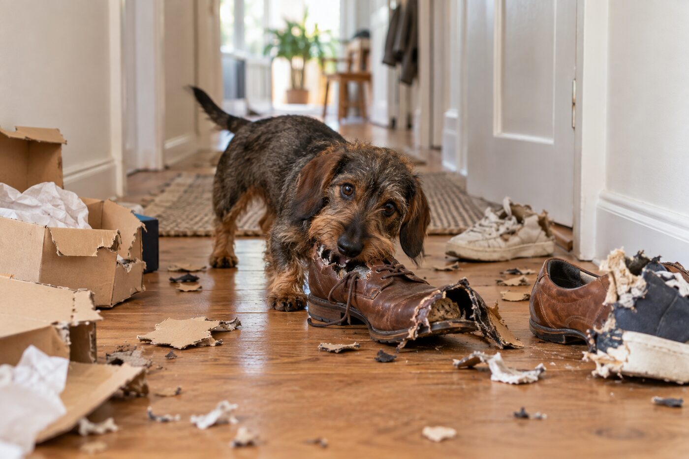Small dachshund beside an oversized chewed shoe